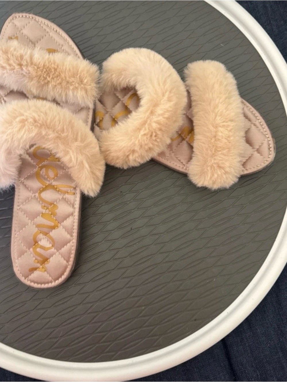 Sam Edelman Plush Double-Band Slide Sandals in Beige